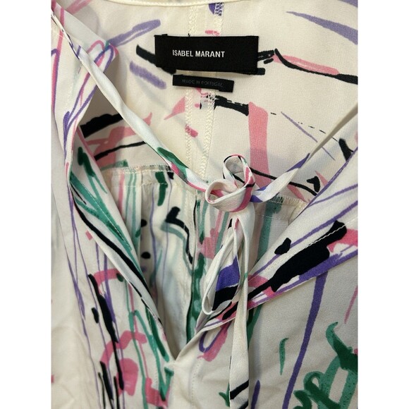 ISABEL MARANT Silk Amba Blouse Lightweight Top Sz 40 / 8 Ecru Printed Split Neck - Picture 5 of 11